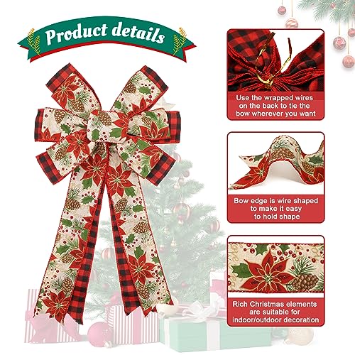Montekin Large Christmas Bows for Wreath 20x11 Inch 2 Pack PreTied Wired Ribbon Winter Decorative Christmas Tree Topper Bow for Front Door Indoor Outdoor Xmas Decorations Red Poinsettia - Image 3