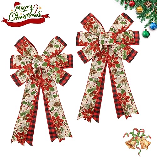 Montekin Large Christmas Bows for Wreath 20x11 Inch 2 Pack PreTied Wired Ribbon Winter Decorative Christmas Tree Topper Bow for Front Door Indoor Outdoor Xmas Decorations Red Poinsettia - Image 1