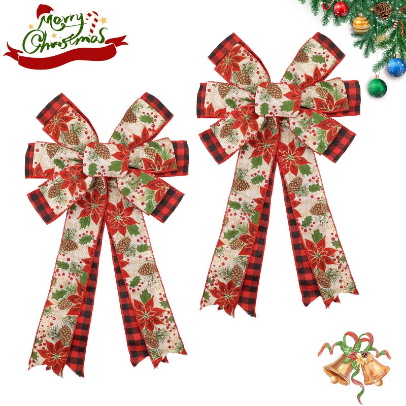 Montekin Large Christmas Bows for Wreath 20x11 Inch 2 Pack PreTied Wired Ribbon Winter Decorative Christmas Tree Topper Bow for Front Door Indoor Outdoor Xmas Decorations Red Poinsettia - Image 2