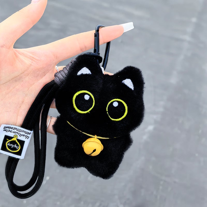 Cute Black Cat Plush Toy Bag Charm Keychain with Squeaky Sound - Image 1