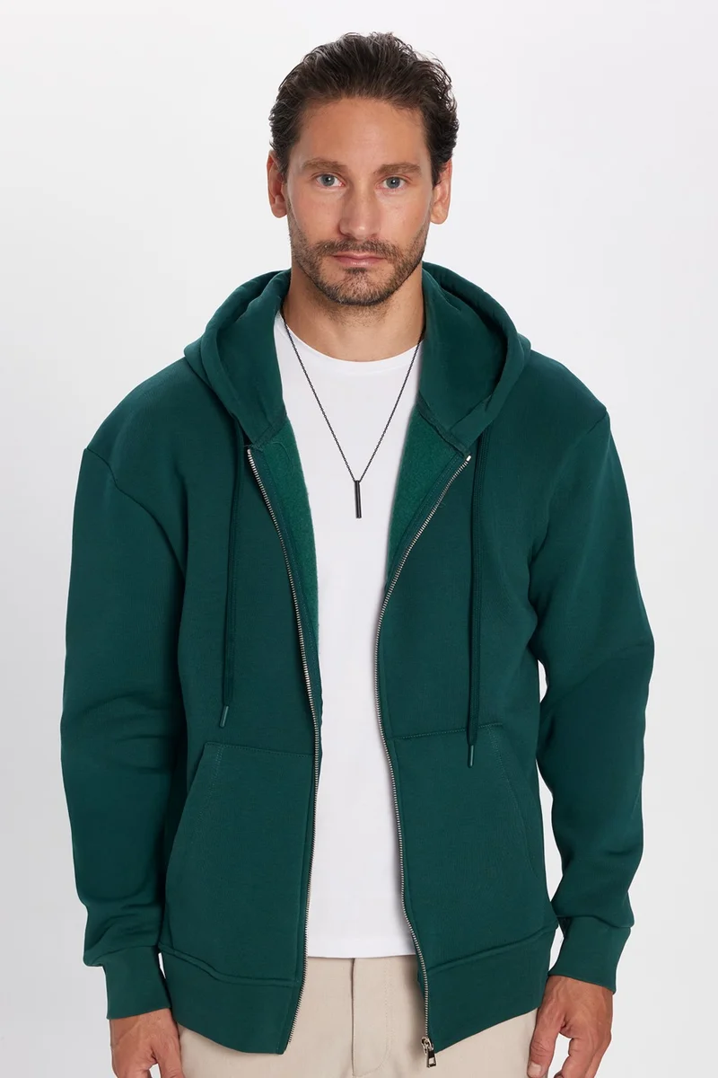 Tudors Unisex Relax Fit Comfortable Cut Cotton Fleece Lined Double Pocket Zipper Green Hooded Sweatshirt
