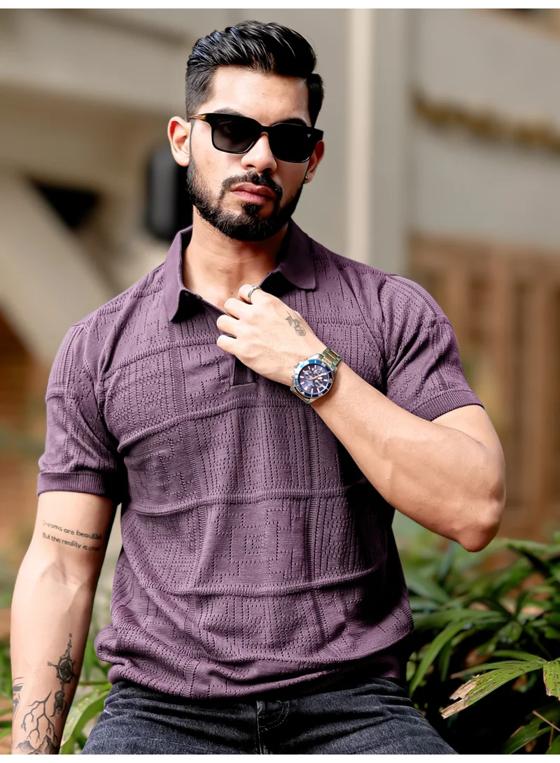 Maniac Maniac Mens Half Sleeve Lavender PointNet Flat Knit Cotton Polo T-Shirt