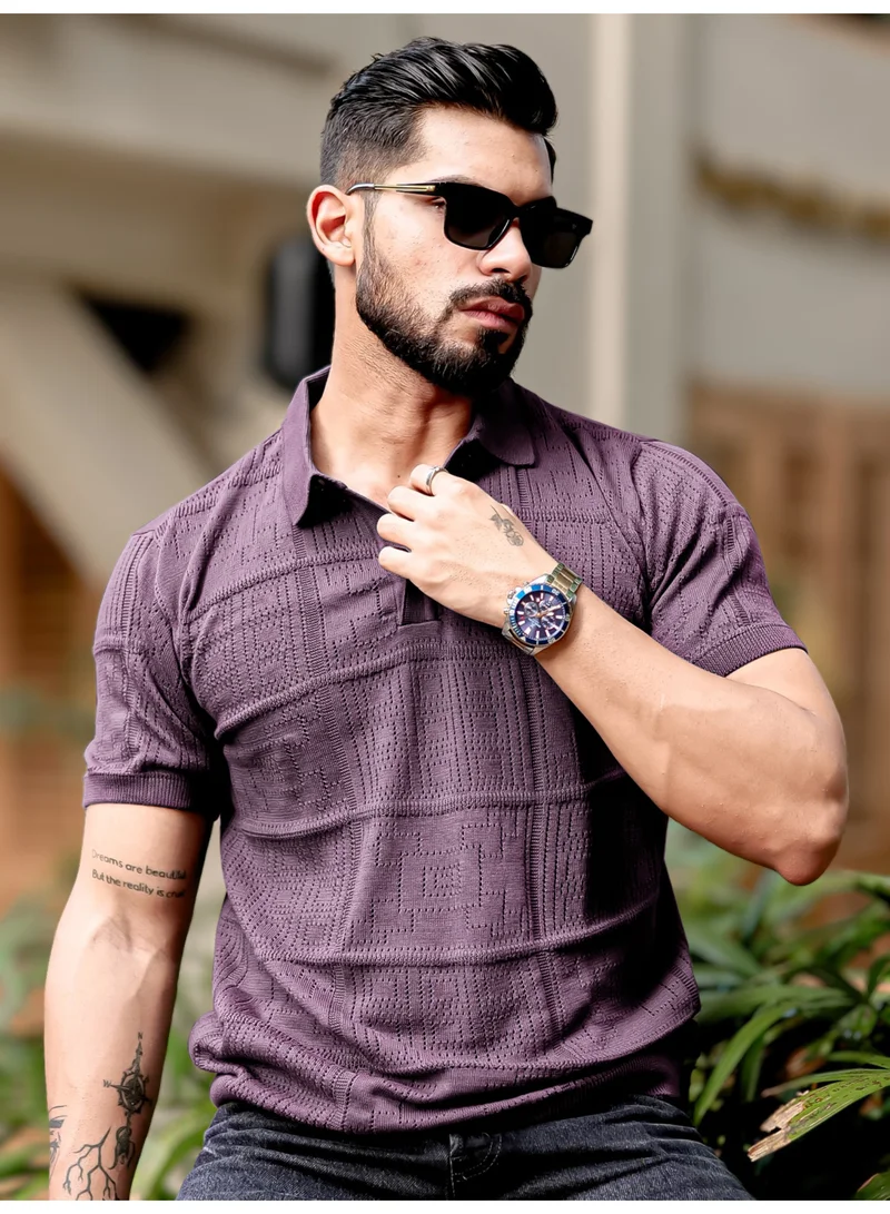 Maniac Maniac Mens Half Sleeve Lavender PointNet Flat Knit Cotton Polo T-Shirt