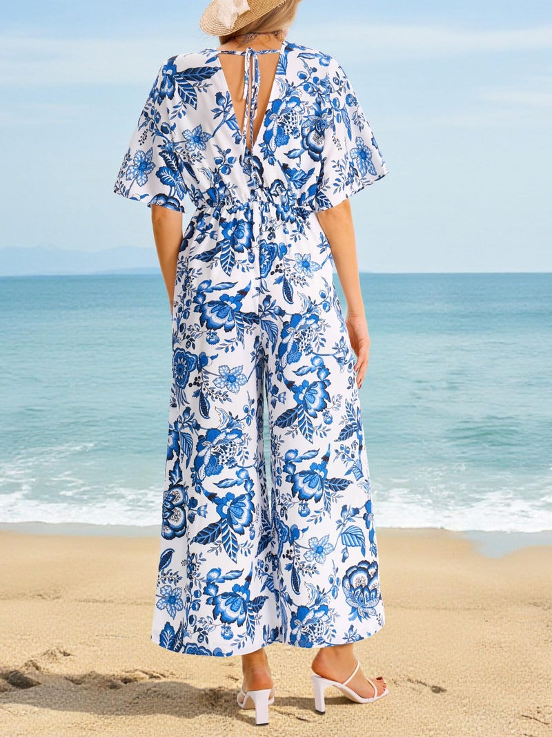Yousify Womens Casual Summer Floral Jumpsuits Half Sleeve Wide Leg Long Pant Rompers One Piece Beach Vacation Outfits - Image 3