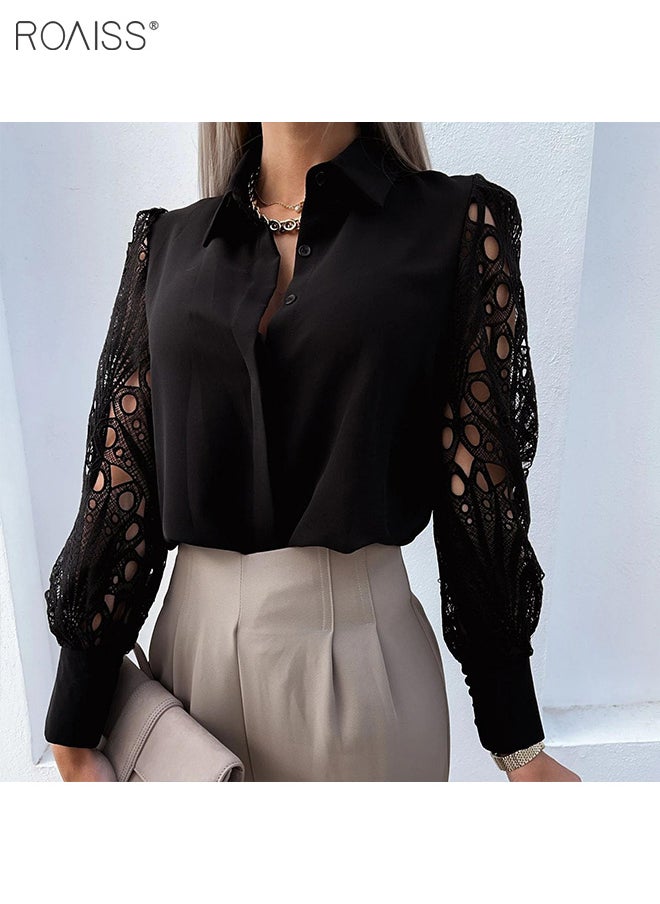 roaiss - Women's Satin Lace Blouse Classic V Neck Lapel Design Long Sleeve Cuffs Tightened Button Open and Close Fashion Top - Image 1