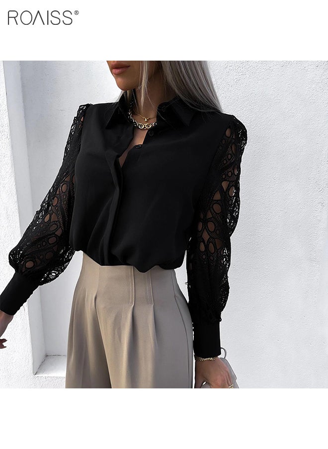roaiss - Women's Satin Lace Blouse Classic V Neck Lapel Design Long Sleeve Cuffs Tightened Button Open and Close Fashion Top - Image 1