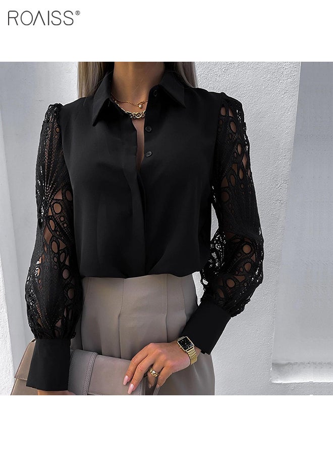 roaiss - Women's Satin Lace Blouse Classic V Neck Lapel Design Long Sleeve Cuffs Tightened Button Open and Close Fashion Top - Image 1