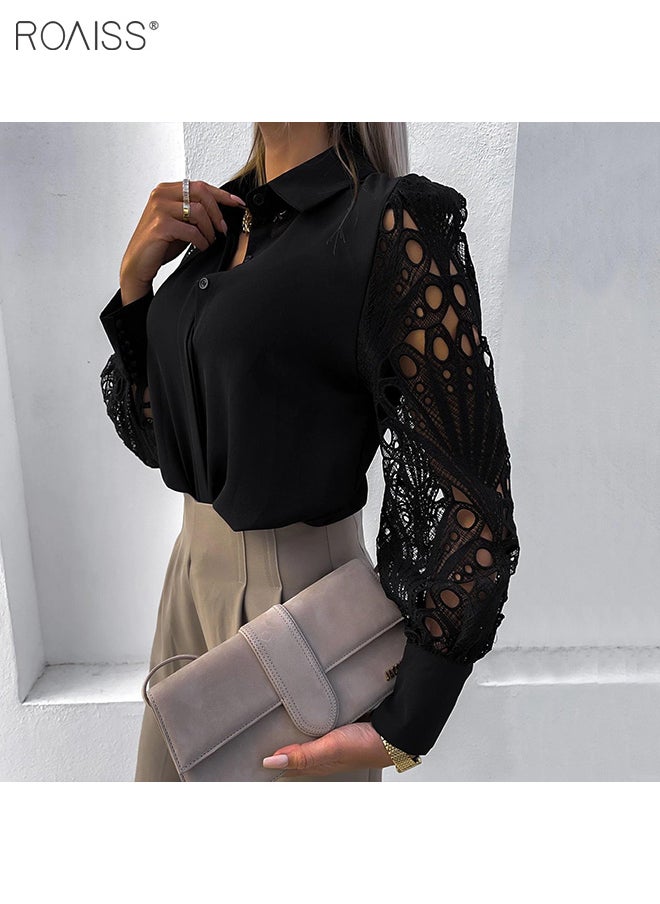 roaiss - Women's Satin Lace Blouse Classic V Neck Lapel Design Long Sleeve Cuffs Tightened Button Open and Close Fashion Top - Image 1