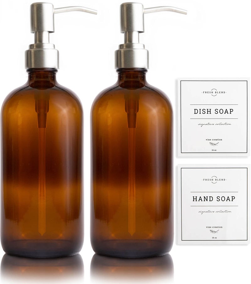 Vine Creations Amber Glass Soap Dispenser 2 Pack Kitchen Soap Dispenser Set with Stainless Steel Pump 16 oz Hand Soap or Dish Soap for Bathroom or Kitchen with Waterproof Labels