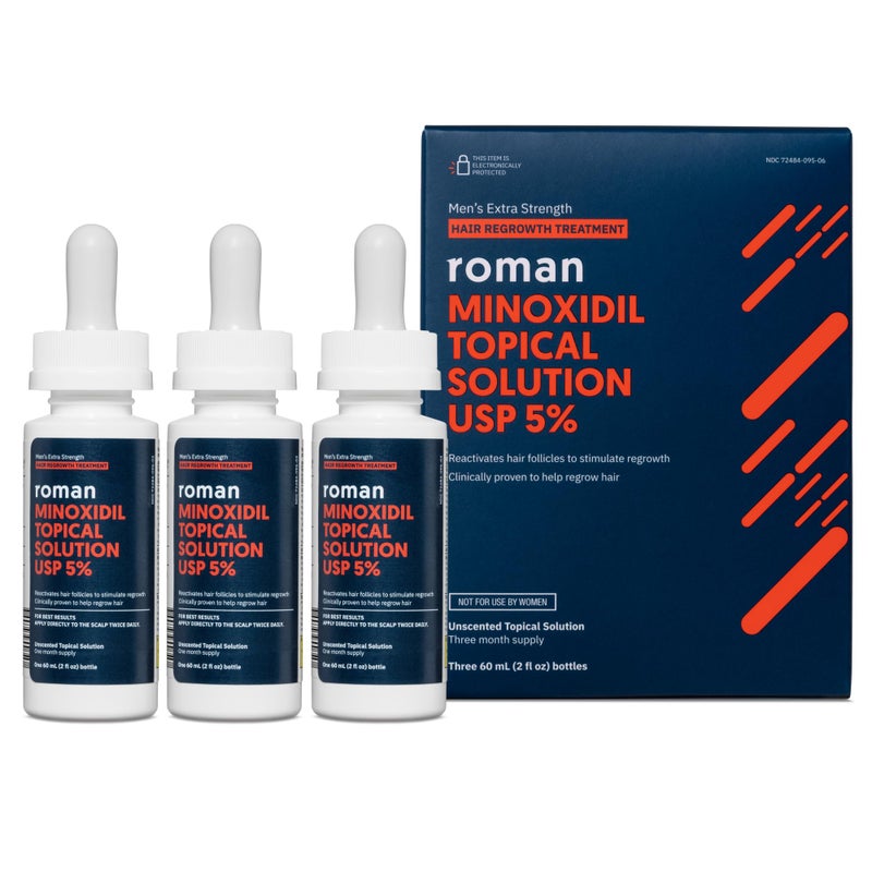 Roman Mens Topical Solution for Hair Regrowth 5 Minoxidil Unscented 3Month Supply
