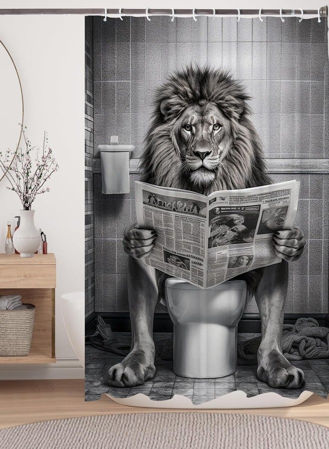 LKFBSC Funny Lion Shower Curtain, Fancy Humor Leo Animal on Toilet Shower Curtains Set, Black and White Funky Shower Curtains, Large Cat Man Grey Bathroom Curtain 72x72 inch - Image 1