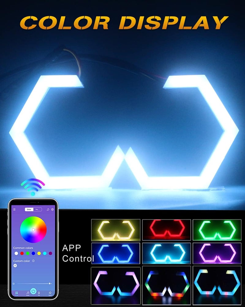 Qasim 80MM Hexagon Angel Eyes RGB APP Control Retrofit Light for Cars and Motorcycles, 2 Pack - Image 3