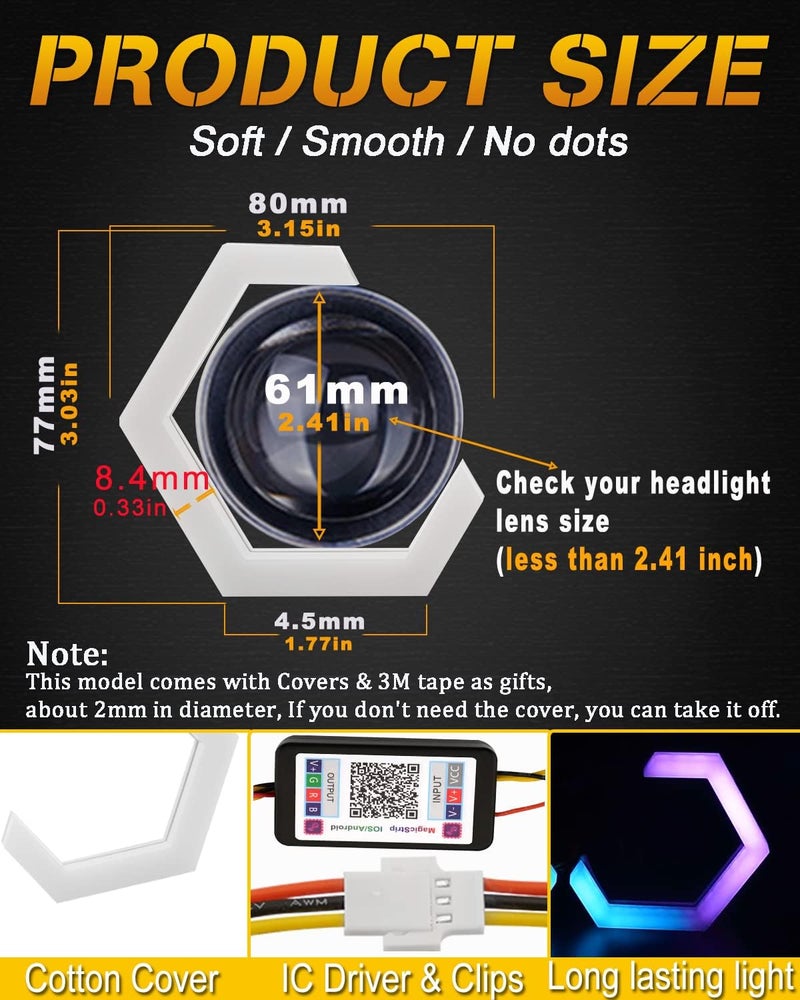 Qasim 80MM Hexagon Angel Eyes RGB APP Control Retrofit Light for Cars and Motorcycles, 2 Pack - Image 2