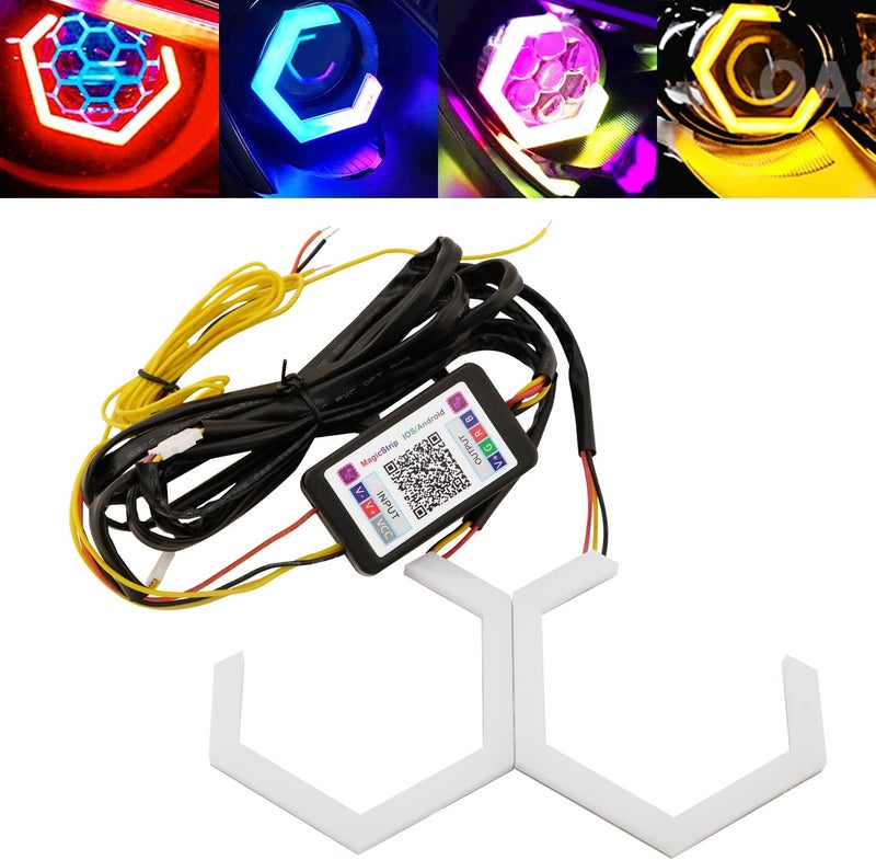 Qasim 80MM Hexagon Angel Eyes RGB APP Control Retrofit Light for Cars and Motorcycles, 2 Pack - Image 1