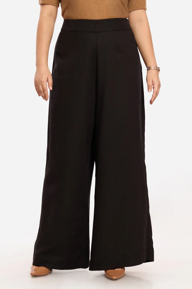 فيرجيو Solid Cotton Wide Leg Plus Size Trousers for Women