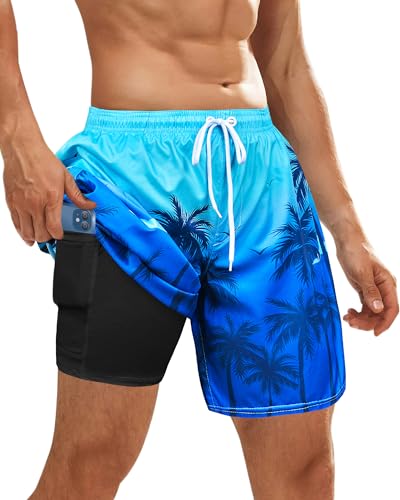OlyPegic Men's Swim Trunks Board Shorts Mens Bathing Suit Beach Shorts Quick Dry Swimwear Swimsuit with Compression Liner Men 2 in 1 Swim Trunks Men 7 Inch with Zipper Pock (Coconut Tree) - Image 1