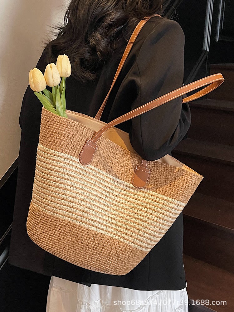 Shoulder Straw Woven Bag Woven Bag Large Capacity Vegetable Basket Bag Seaside Holiday Beach Big Bag For Women - Image 3