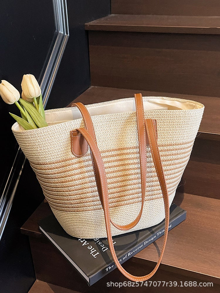Shoulder Straw Woven Bag Woven Bag Large Capacity Vegetable Basket Bag Seaside Holiday Beach Big Bag For Women - Image 4