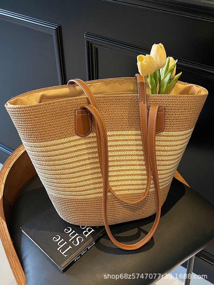 Shoulder Straw Woven Bag Woven Bag Large Capacity Vegetable Basket Bag Seaside Holiday Beach Big Bag For Women - Image 5