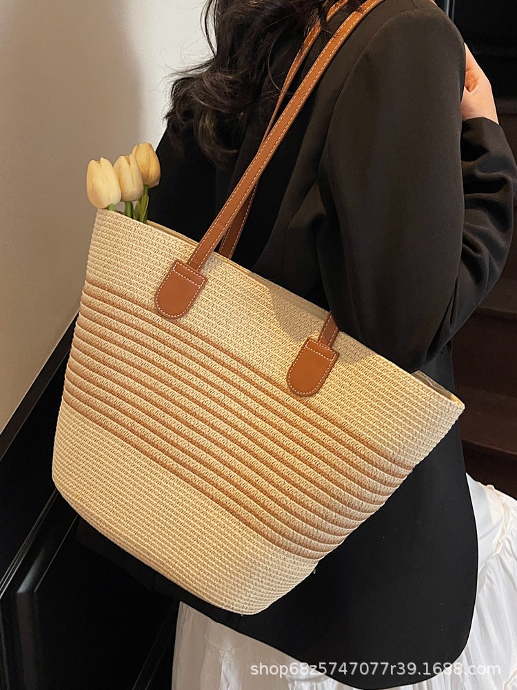 Shoulder Straw Woven Bag Woven Bag Large Capacity Vegetable Basket Bag Seaside Holiday Beach Big Bag For Women - Image 2