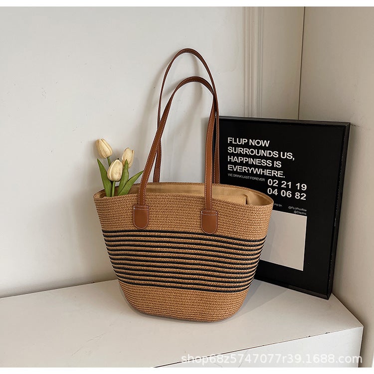 Shoulder Straw Woven Bag Woven Bag Large Capacity Vegetable Basket Bag Seaside Holiday Beach Big Bag For Women - Image 1