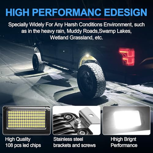 Nicoko 108 High-Power LEDs per Pod 4Pods Pure White Rock Lights Ultra-Bright Offroad Underglow Kit Advanced Heat Dissipation IP68 Waterproof for Truck, SUV, UTV, ATV, RZR - Image 5