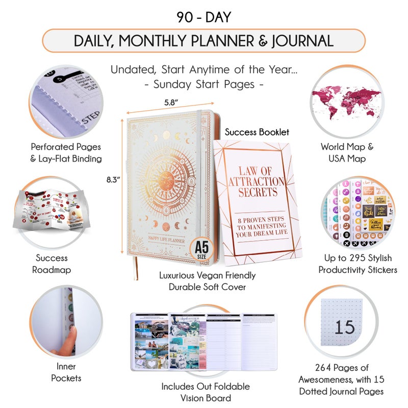 Freedom Mastery - Adhd Daily Planner, Self Care Personal Gratitude Journal to Increase Productivity & Success in Life, Include Foldable Vision Board - White Sun - Image 2