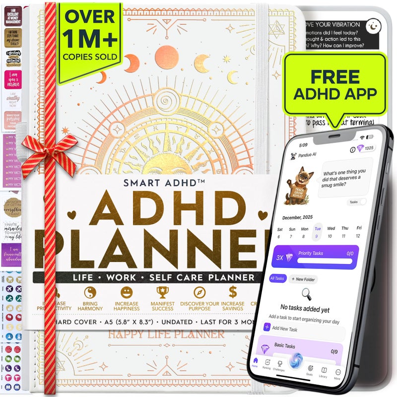 Freedom Mastery - Adhd Daily Planner, Self Care Personal Gratitude Journal to Increase Productivity & Success in Life, Include Foldable Vision Board - White Sun - Image 1