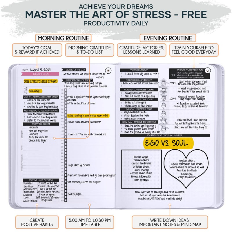 Freedom Mastery - Adhd Daily Planner, Self Care Personal Gratitude Journal to Increase Productivity & Success in Life, Include Foldable Vision Board - White Sun - Image 4