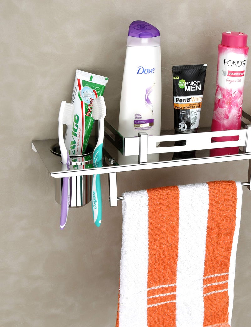 iSTAR New Stainless Steel 3 in 1 Bathroom Shelf/Rack/Towel Hanger/Toothbrush Holder/Towel Rod/Bathroom Accessories Stainless Steel Toothbrush Holder Silver Towel Holder (15 Inch X 5 Inch) - Image 4