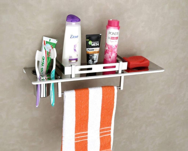 iSTAR New Stainless Steel 3 in 1 Bathroom Shelf/Rack/Towel Hanger/Toothbrush Holder/Towel Rod/Bathroom Accessories Stainless Steel Toothbrush Holder Silver Towel Holder (15 Inch X 5 Inch) - Image 1