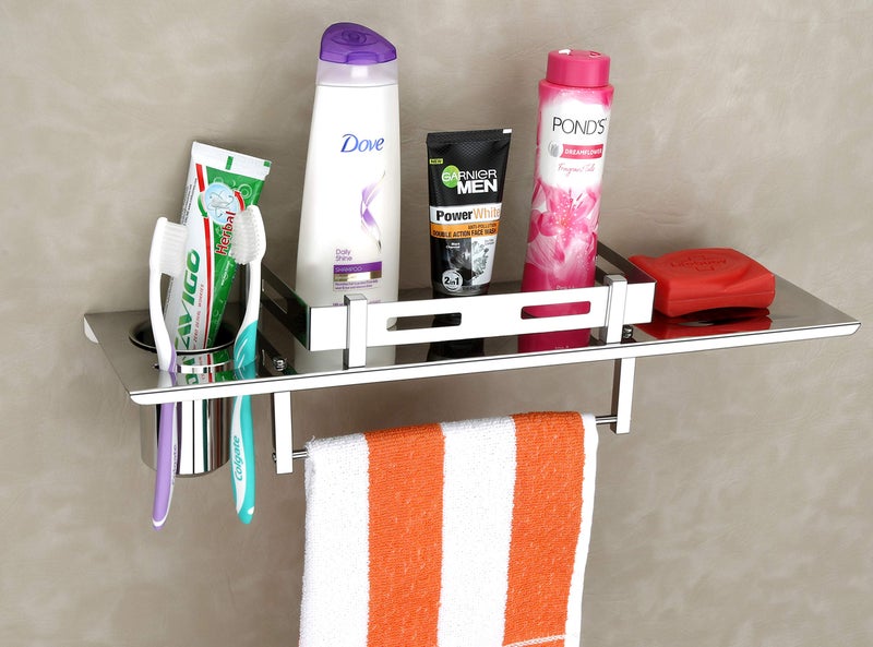 iSTAR New Stainless Steel 3 in 1 Bathroom Shelf/Rack/Towel Hanger/Toothbrush Holder/Towel Rod/Bathroom Accessories Stainless Steel Toothbrush Holder Silver Towel Holder (15 Inch X 5 Inch) - Image 2