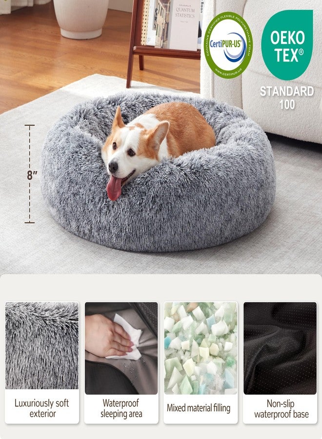 Warmrest Donut Dog Bed Medium Size Dog 30 Inch, Round Cat Beds for Small Medium Dogs and Cats with Washable Fluffy Faux Fur, Cute Comfort Pet Bed with Anti-Slip Bottom, Grey - Image 2