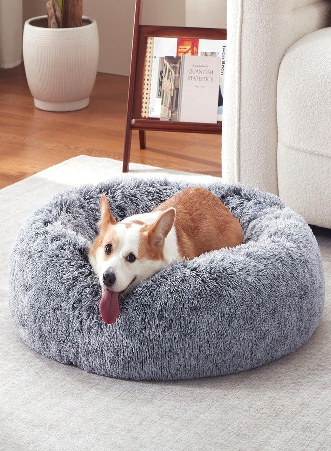 Warmrest Donut Dog Bed Medium Size Dog 30 Inch, Round Cat Beds for Small Medium Dogs and Cats with Washable Fluffy Faux Fur, Cute Comfort Pet Bed with Anti-Slip Bottom, Grey - Image 1