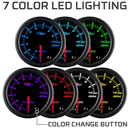 GlowShift Tinted 7 Color 10,000 RPM Tachometer Tach Gauge - for 1-10 Cylinder Gas Powered Vehicle Engines - Includes Wiring - Multi-Color Display - Black Dial - Smoked Lens - 2-1/16" 52mm - Image 4