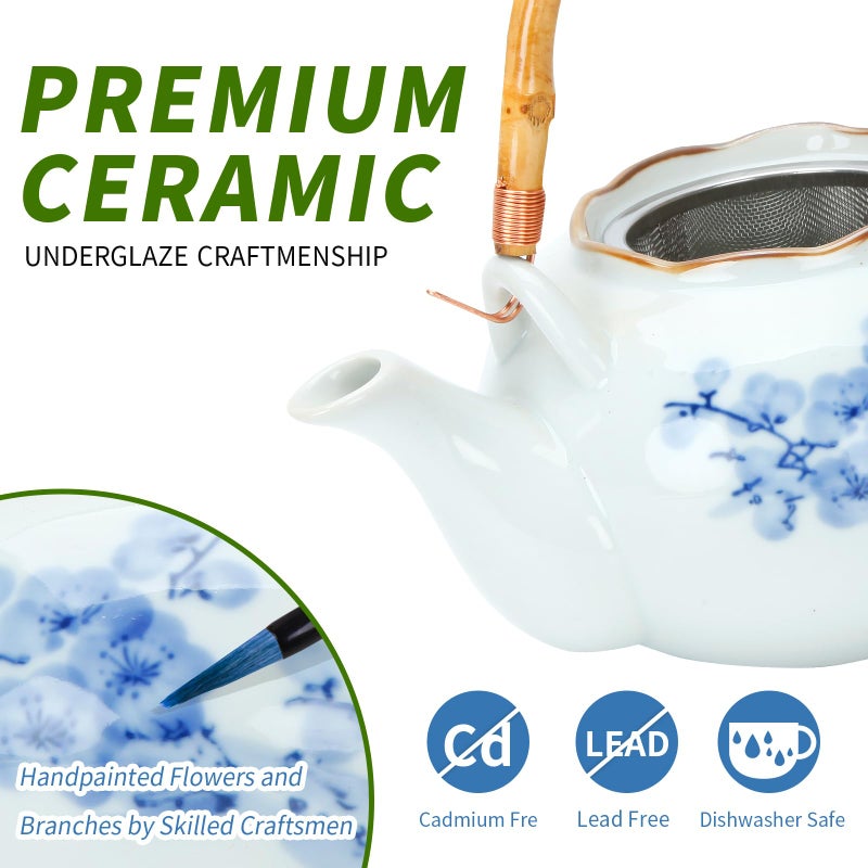 BEOZINZ Japanese Tea Set Porcelain Tea Set with Teapot and Tea Cup Set for 4, Blue and White Tea Sets for Adults with Stainless Infuser and Bamboo Tray, Asian Tea Set for Tea Lovers/Women/Men (Plum & Bamboo) - Image 2