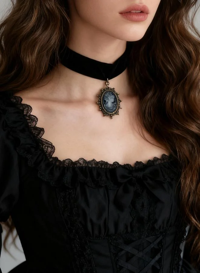 Take Two Resin Beauty Head Pendant Velvet Choker Necklace