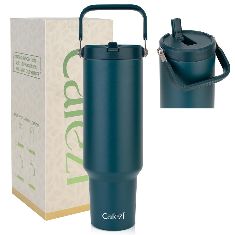 Cafezi 50oz Tumbler with Lid and Straw, Stainless Steel Water Bottles with Flip Straw and Top Handle, Leak Proof, Fits in Cup Holder, Vacuum Insulated Water Bottle for Home, Office, Outdoors, Car - Image 1