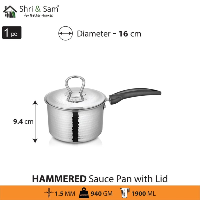 Shri & Sam Shri & Sam Stainless Steel Heavy Weight Hammered Sauce Pan with Lid (16 cm, 1.9 L)  - Image 3
