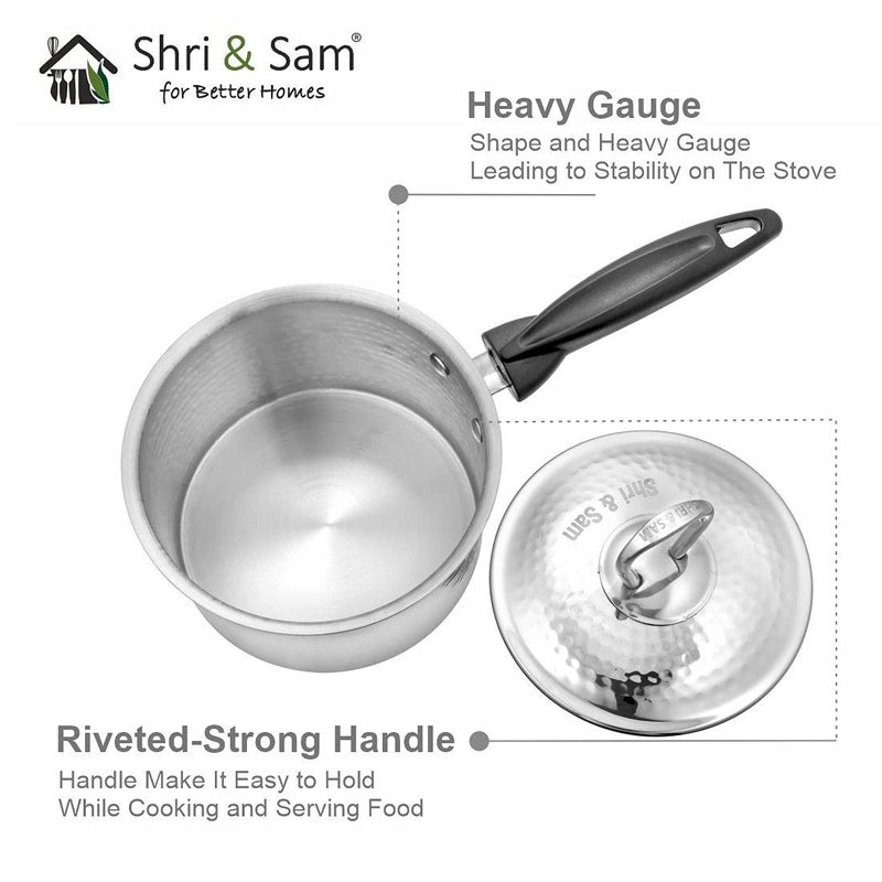 Shri & Sam Shri & Sam Stainless Steel Heavy Weight Hammered Sauce Pan with Lid (16 cm, 1.9 L)  - Image 5
