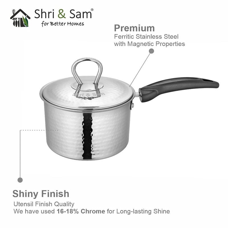 Shri & Sam Shri & Sam Stainless Steel Heavy Weight Hammered Sauce Pan with Lid (16 cm, 1.9 L)  - Image 4