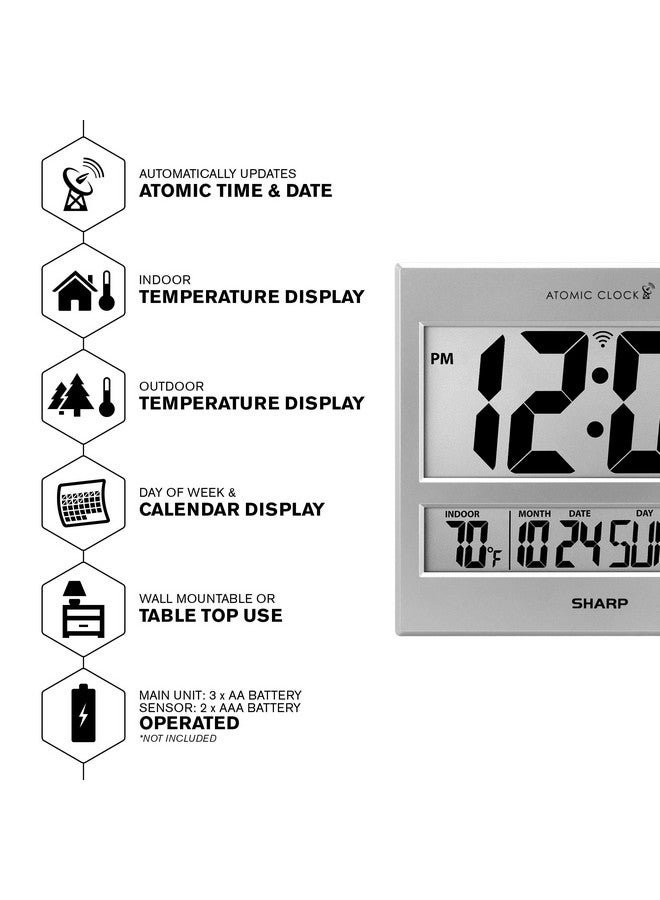 SHARP Sharp Atomic Clock - Atomic Accuracy - Never Needs Setting! -Silver Tech Style - Jumbo 3" Easy to Read Numbers - Indoor/Outdoor Temperature Display with Wireless Outdoor Sensor - Easy Set-Up!  - Image 2