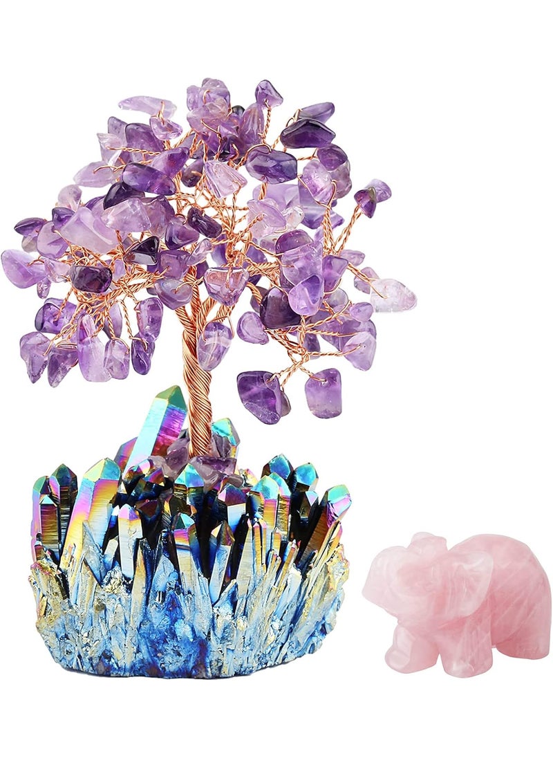 mookaitedecor mookaitedecor Amethyst Crystal Money Tree Crystals Base & Rose Quartz Elephant Statue Figurine for Feng Shui, Wealth and Luck 