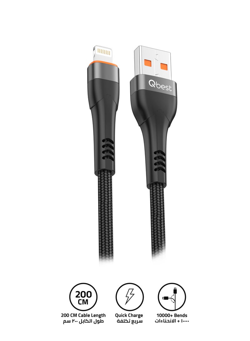 Qbest 20W Superfast USB to Lightning Data Cable 2M - High-Speed Data Transfer, Quick Charge, Durable Nylon Design - Black - Image 1