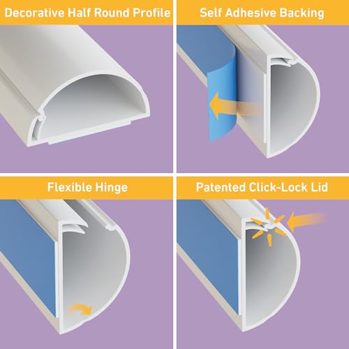 D-Line TV Wire Hider, Half Round Cord Cover for Wall Mount TV, Hinged One-Piece Raceway, Paintable, Self-Adhesive Cable Management - 2" (W) x 1" (H) x 18" Length - White - Image 2