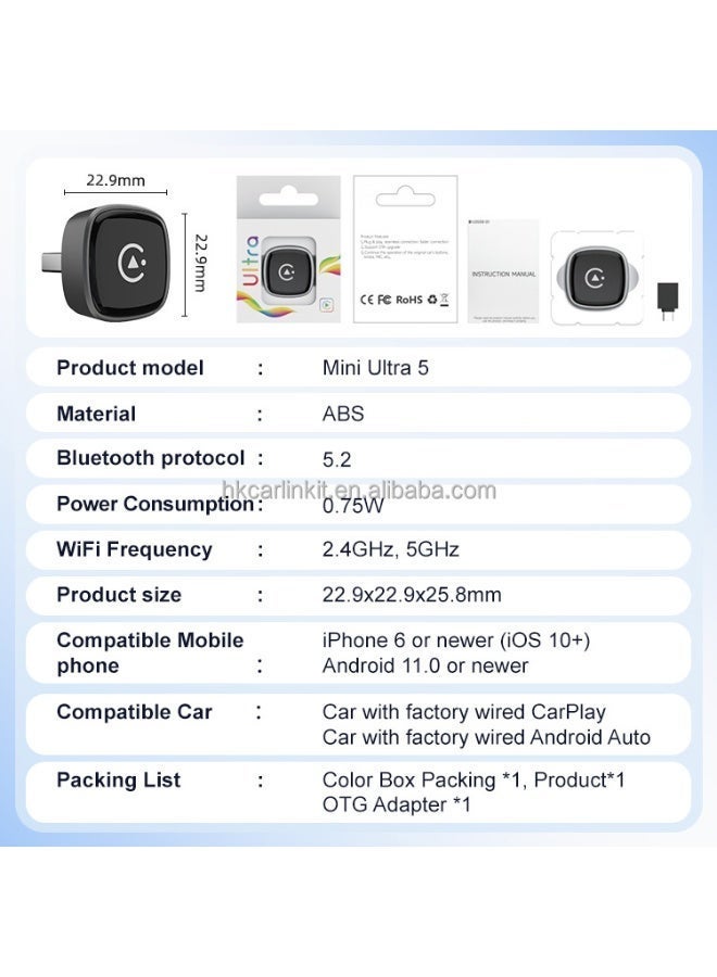 CarlinKit Mini Ultra 5 Wireless Android Auto & CarPlay Adapter,Convert Wired to Wireless for OEM Vehicles Compatible with Wired CarPlay & Android Auto Cars Upgrade BT 5.4GHz Wifi 5.8GHz OTA Upgrade - Image 3