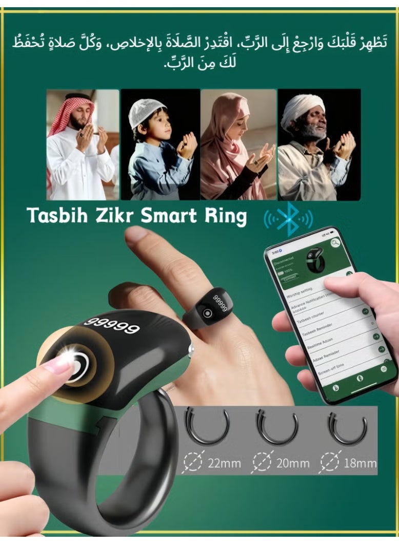 Tasbih Zikr Smart Ring, Adjustable Counter, With Replaceable ring Sizes (/18/20/22/mm), Tasbih Counter Smart Ring，Lightweight Digital Tasbeeh Counter, Prayer Ring, Electronic Rosary，APP Support Digital Counter Prayer Reminder Ring, Waterproof OLED Display Counter Zikr Ring, Tasbeeh counter for Muslims（green）– Ramadan & Eid Gift for Men & Women - Image 1
