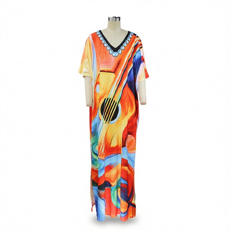 Women's Loose V-Neck Batwing Sleeve Printed Beach Dress - Image 5