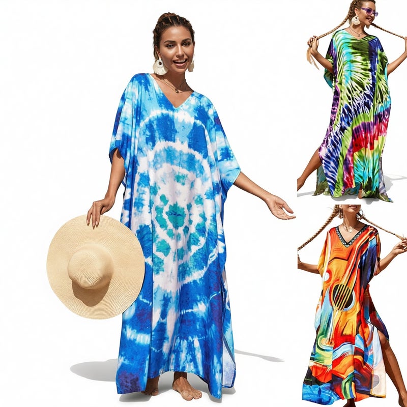Women's Loose V-Neck Batwing Sleeve Printed Beach Dress - Image 1