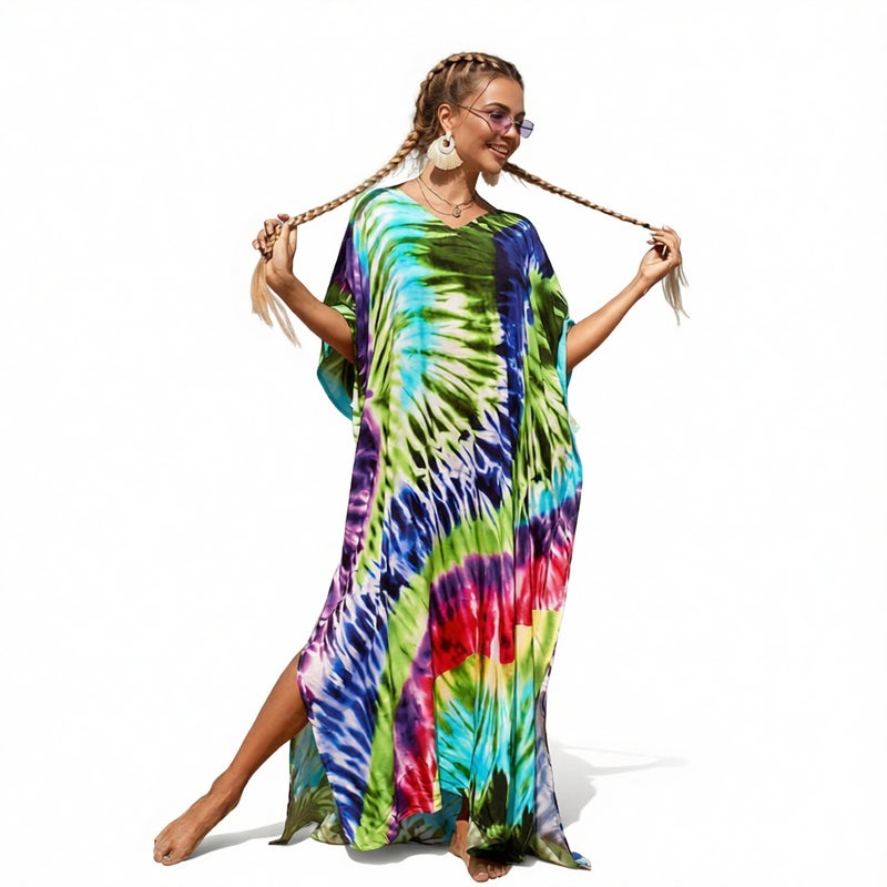 Women's Loose V-Neck Batwing Sleeve Printed Beach Dress - Image 3